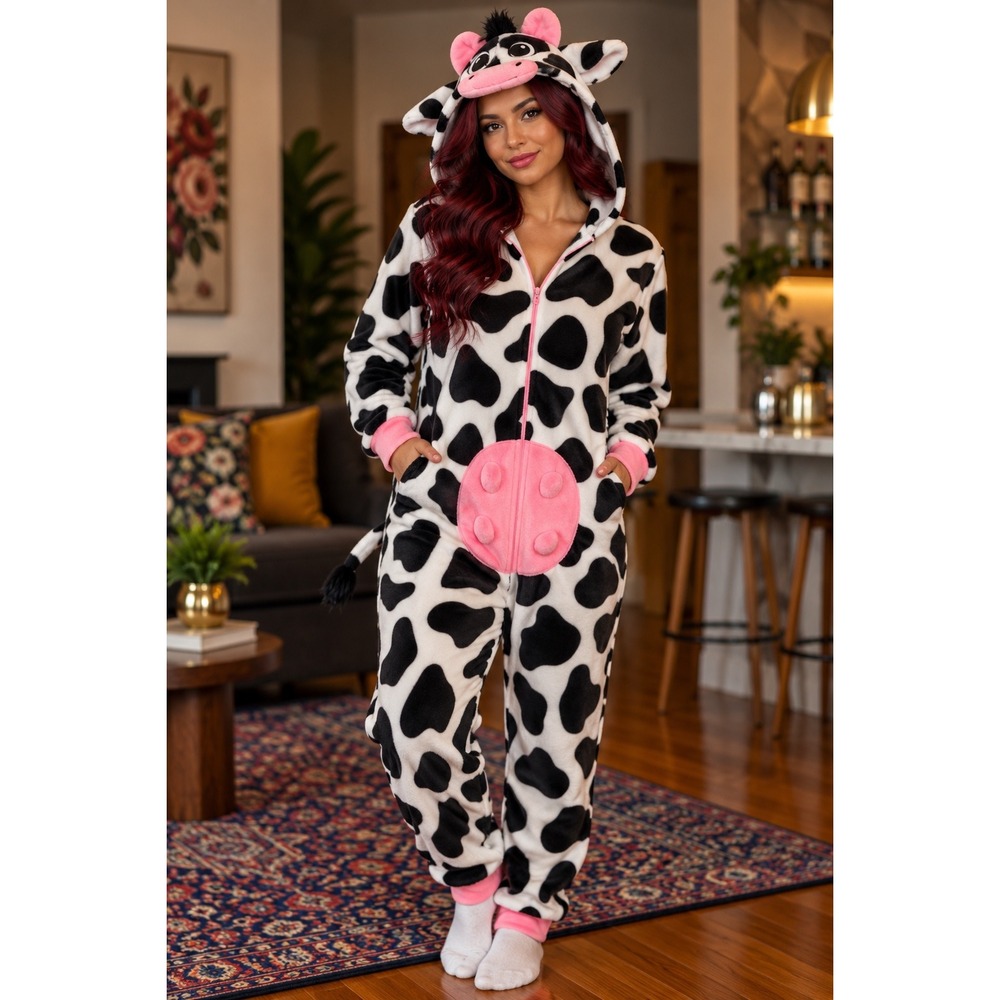 Cow Print Onesie Halloween Costume Plush Fleece Hood Jumpsuit Pink Udder Tail XL